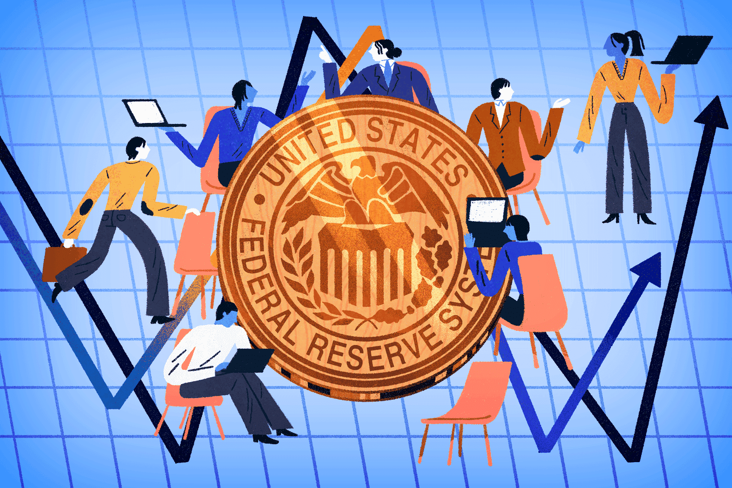 An illustration shows people meeting around a table that looks like the Federal Reserve crest
