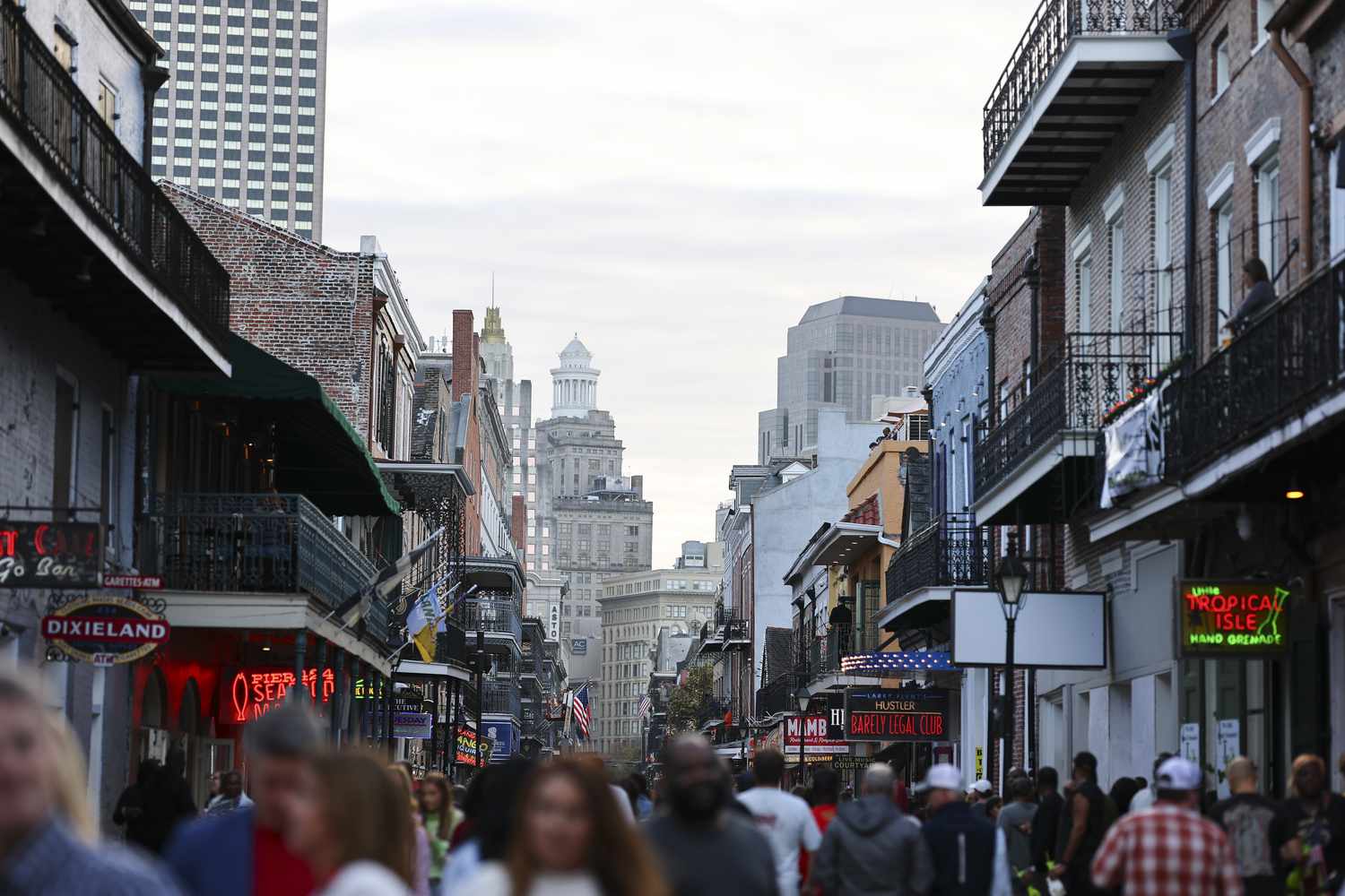 A general view of Bourbon Street as pedestrians walk the street in the French Quarter on December 14, 2024 in New Orleans, Louisiana.