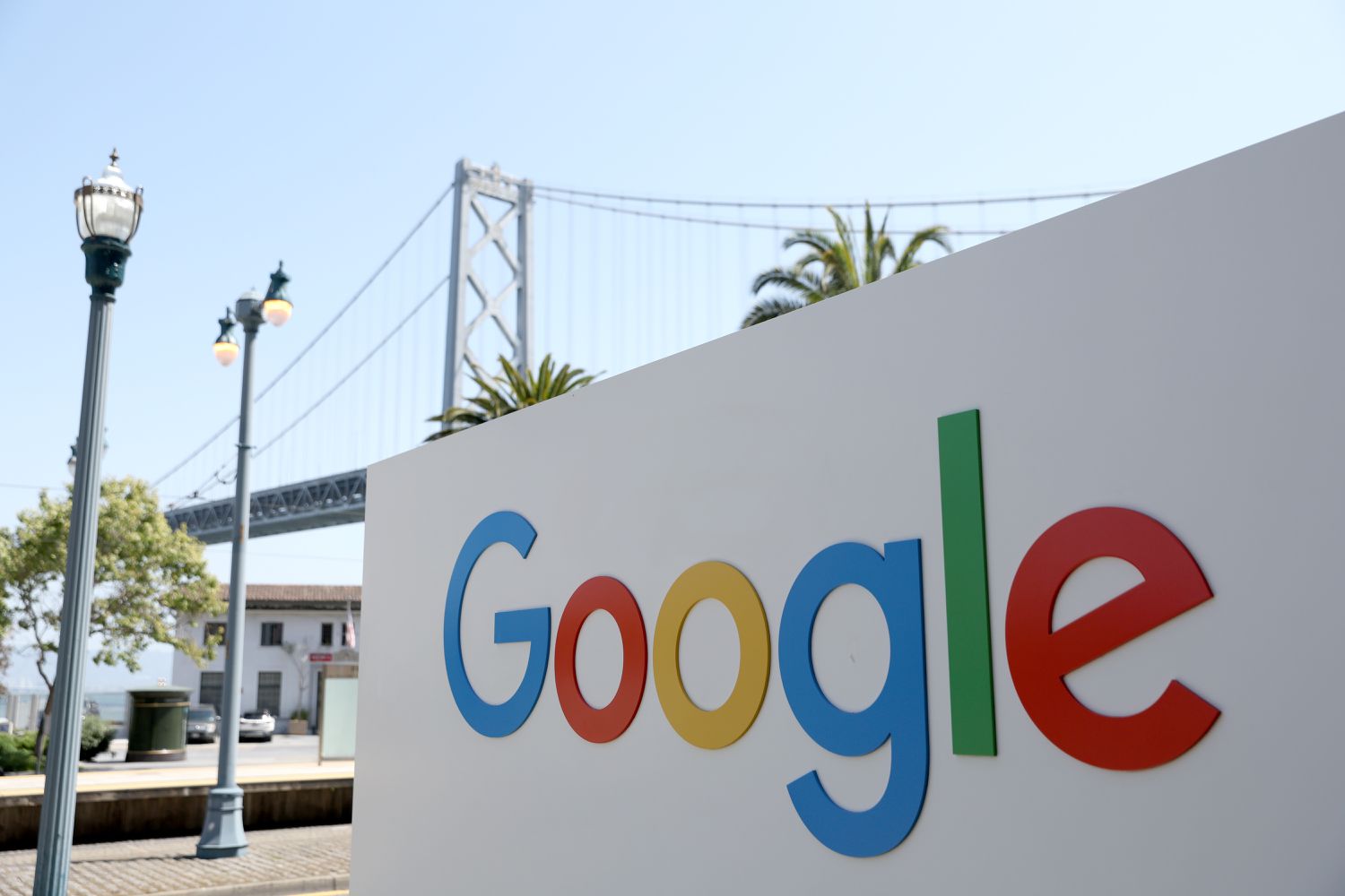 Google logo on a sign.