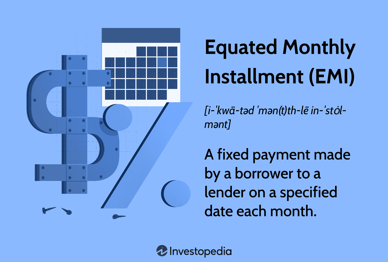 Equated Monthly Installment (EMI): A fixed payment made by a borrower to a lender on a specified date each month.