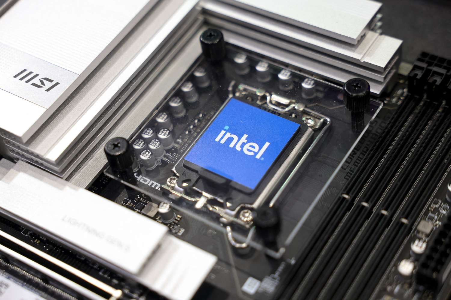 The sample of an Intel chip is displayed during Computex 2024 in Taipei on June 4, 2024