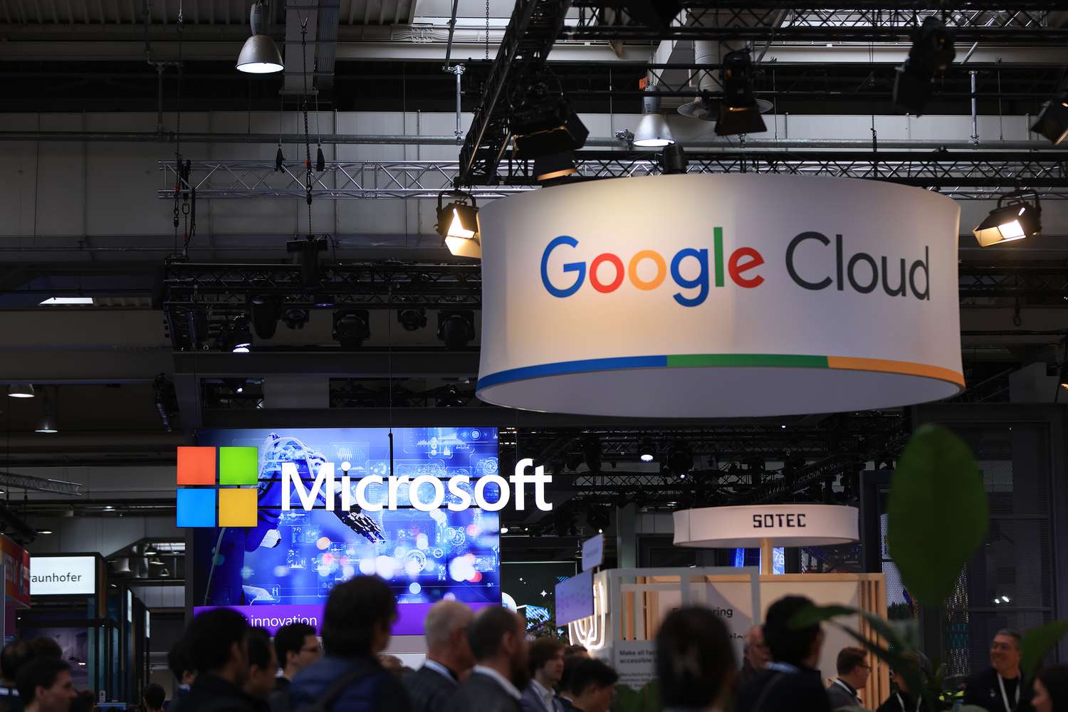 Microsoft and a Google Cloud stands at the Hannover Messe industrial technology fair