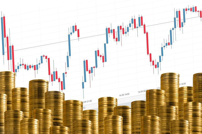 Rows of golden coins with a graph.