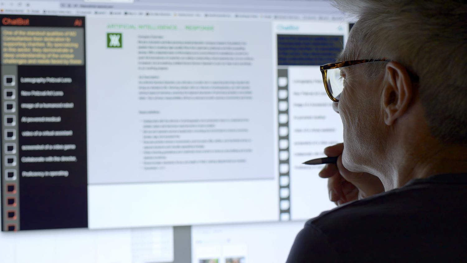 Stock image showing a man's face looking into a large computer screen as type is being added to the screen by an Artificial intelligence, AI, chatbot.