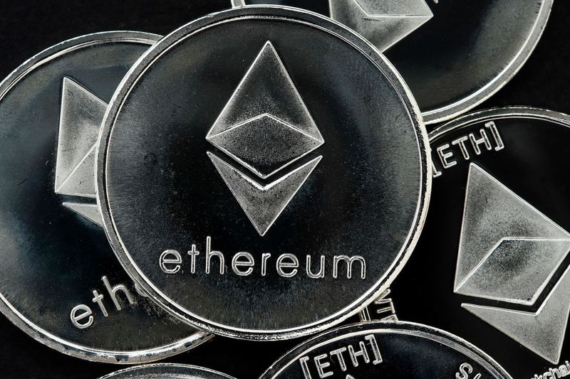 Coins with "ethereum" on them representing cryptocoins