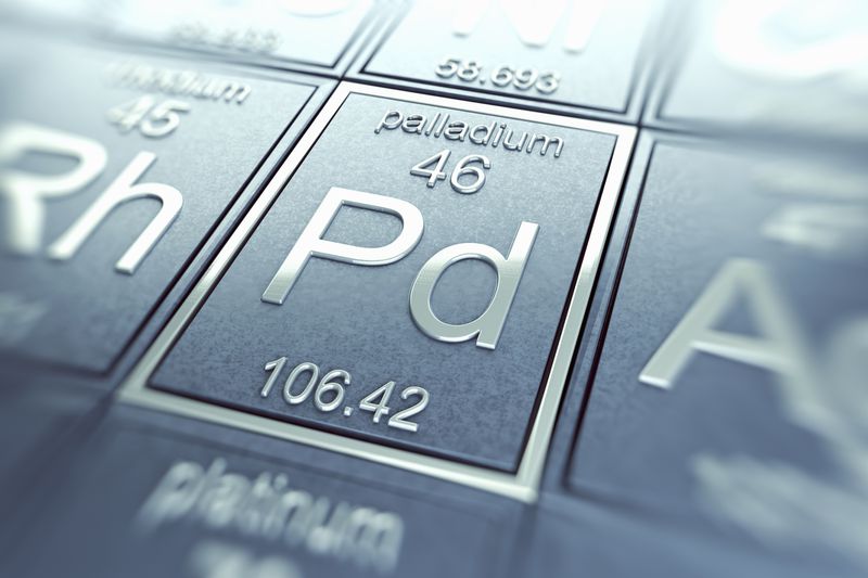 A close-up view of the periodic table focused on the chemical element Palladium.