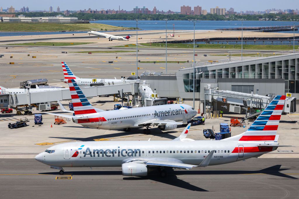 American Airlines' Boeing 737 planes are seen parked at LaGuardia Airport in Queens, New York on May 24, 2024.
