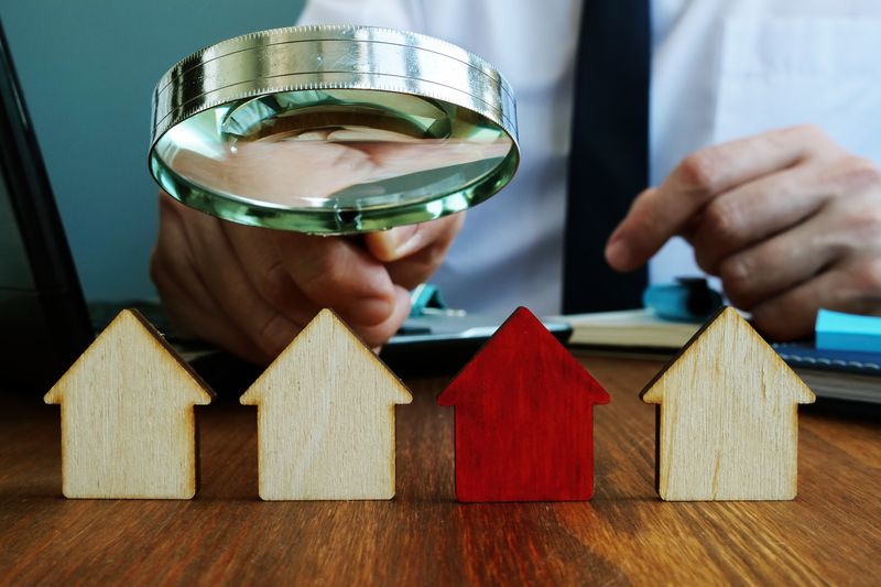 A magnifying glass over small wood depictions of homes.
