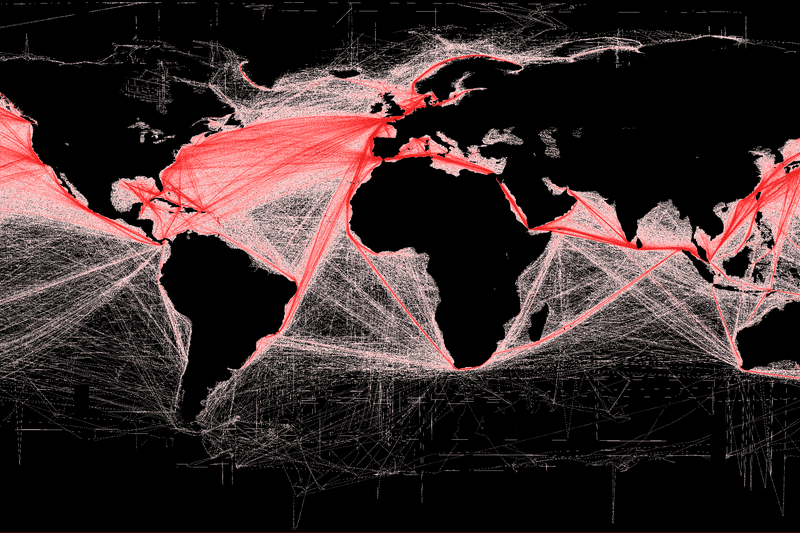 This map of shipping routes illustrates the relative density of commercial shipping in the world's oceans.