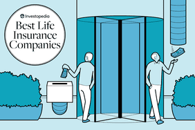 Graphic of a man entering a revolving door while dropping money in a box and exiting the door while money drops from a chute