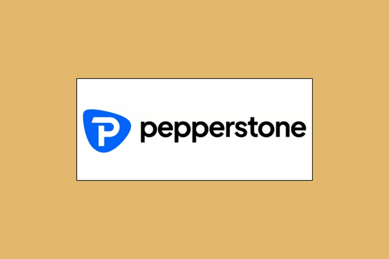 Image shows Pepperstone's logo in a white rectangle box against a mustard-colored background. 