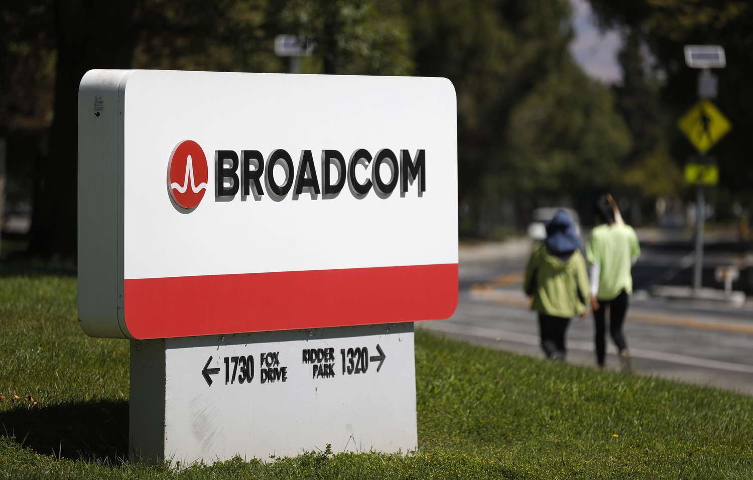 A sign is posted in front of a Broadcom office on June 03, 2021 in San Jose, California.