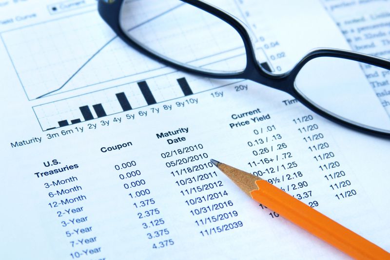A pencil over a financial document with eyeglasses.