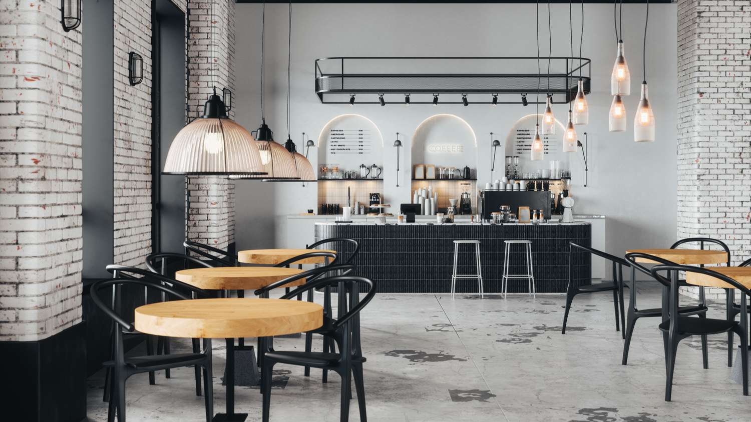 The interior of an empty coffee bar with all equipment and furnishings in place ready for rental as a turnkey business.
