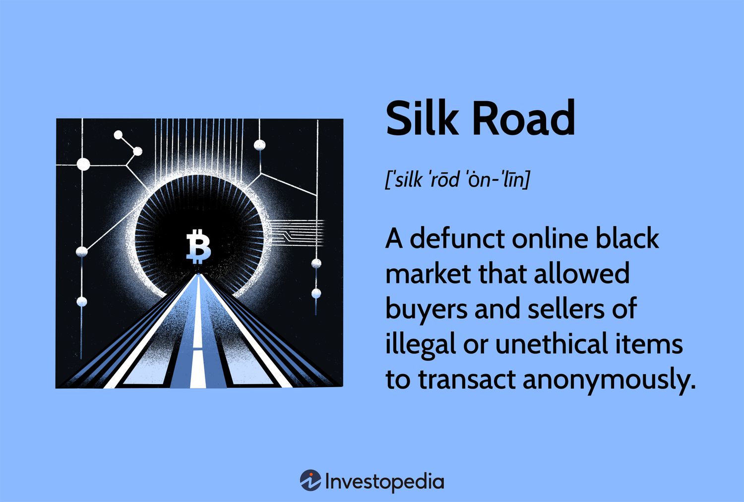 Silk Road: A defunct online black market that allowed buyers and sellers of illegal or unethical items to transact anonymously.