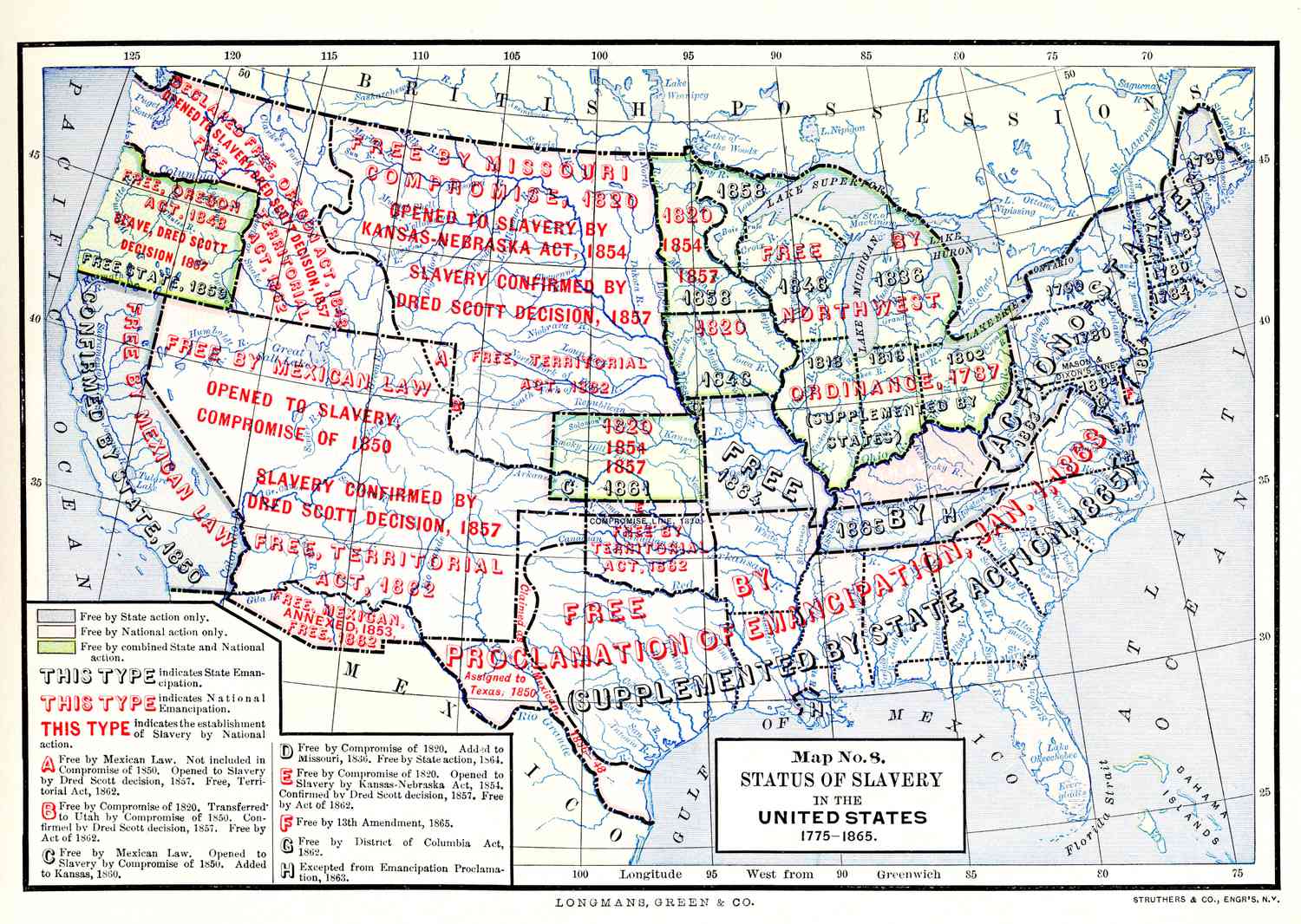 Color map, entitled 'Map No 8, Status of Slavery in the United States, 1775 - 1865,' illustrates the territorial application of various slavery related laws, published in 1898. Among the laws cited are the Missouri Compromise, the Dred Scott Decision, the Kansas Nebraska Act, and the Emancipation Proclamation.