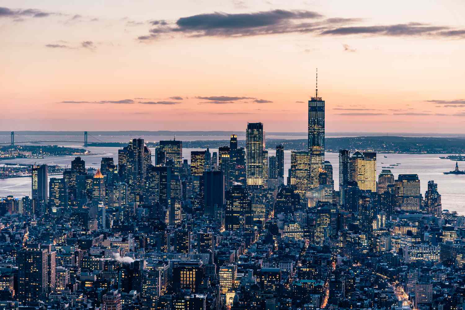 Downtown Manhattan at dusk.