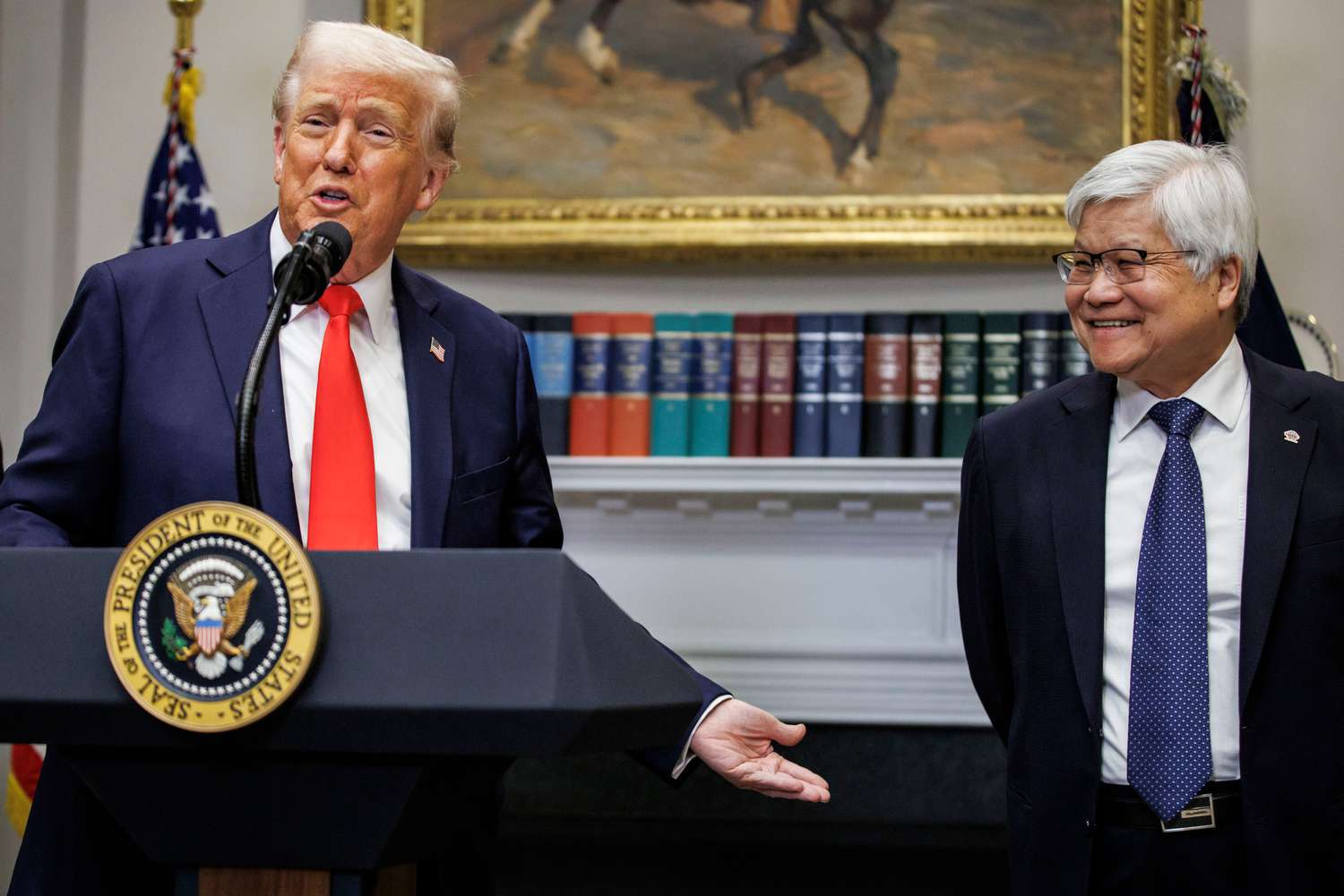 US President Donald Trump, left, and C.C. Wei, chief executive officer of Taiwan Semiconductor Manufacturing Co. (TSMC), during an investment announcement in the Roosevelt Room of the White House in Washington, DC, US, on Monday, March 3, 2025.