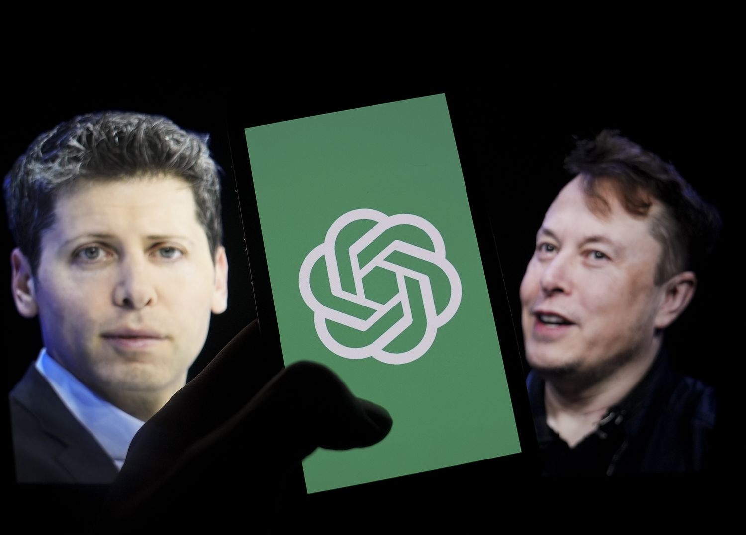 Pictures of Sam Altman and Elon Musk are seen next to a phone screen with the green OpenAI logo on it.