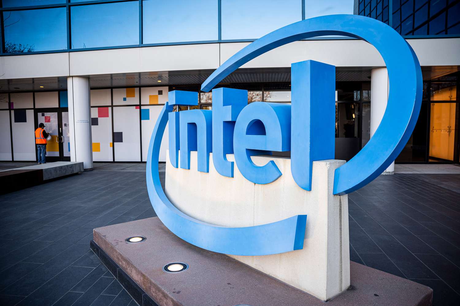 Signage outside Intel headquarters in Santa Clara, California, US.