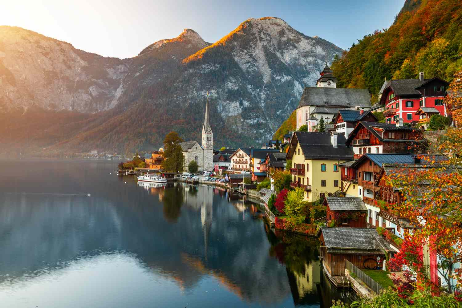 The famous Hallstatt mountain village in autumn located in the Salzkammergut region of Austria.