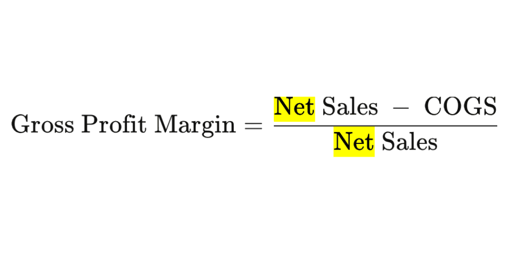 Gross profit margin = net sales - cogs / net sales