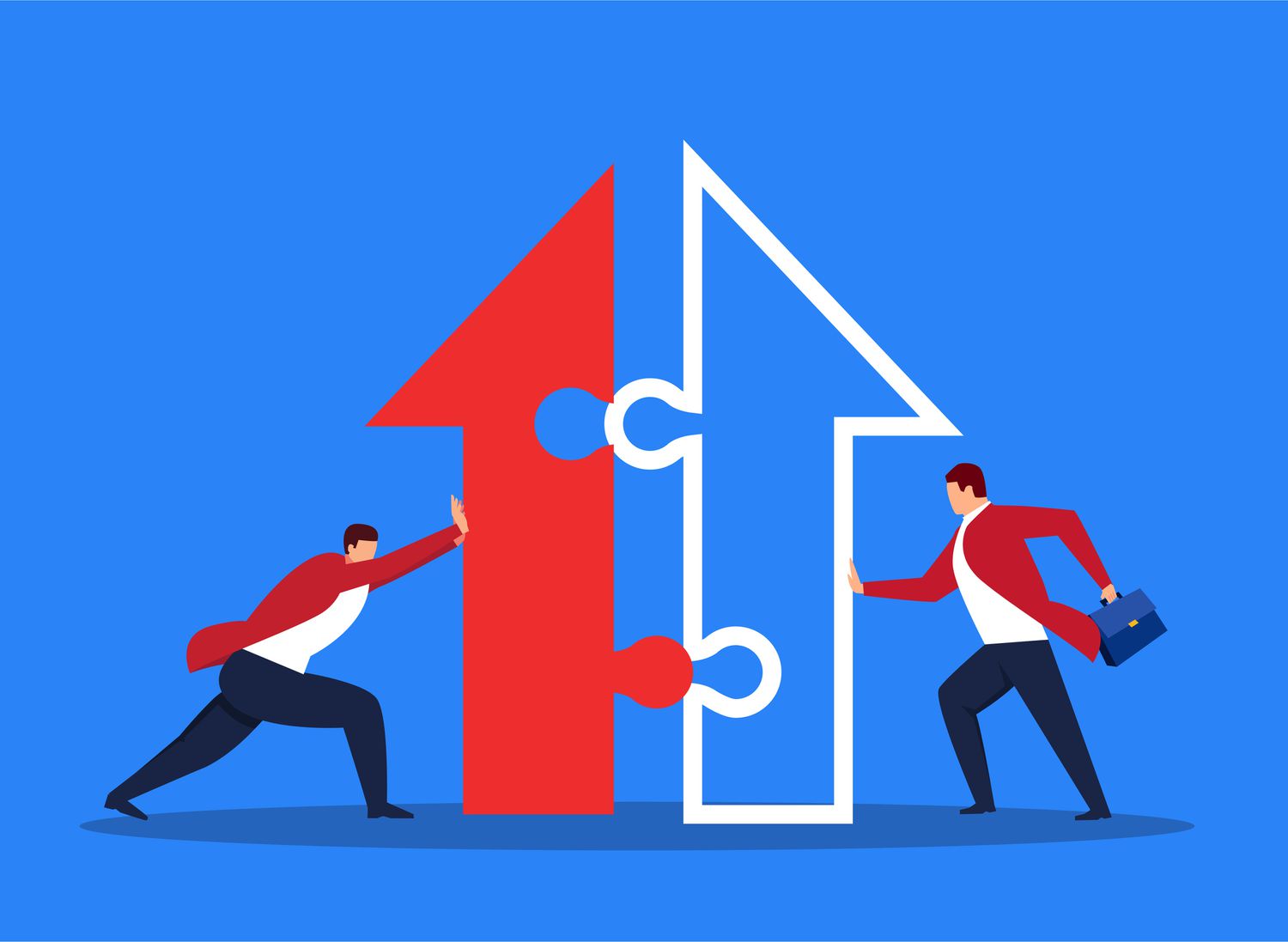 Two businessmen merging arrows together (illustration)