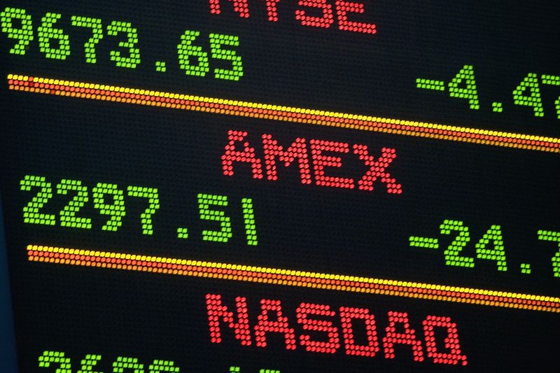 A display screen shows the current value and price movement of the NYSE, the AMEX, and the Nasdaq.