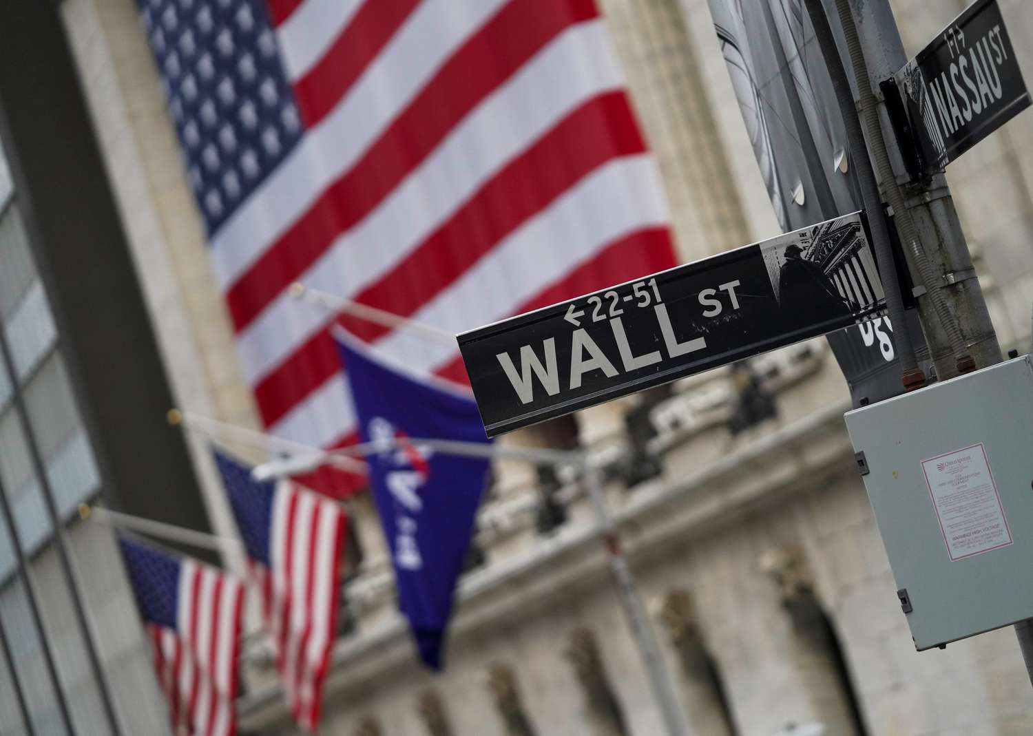 A road sign for Wall Street is shown in front of the New York Stock Exchange in New York City. 