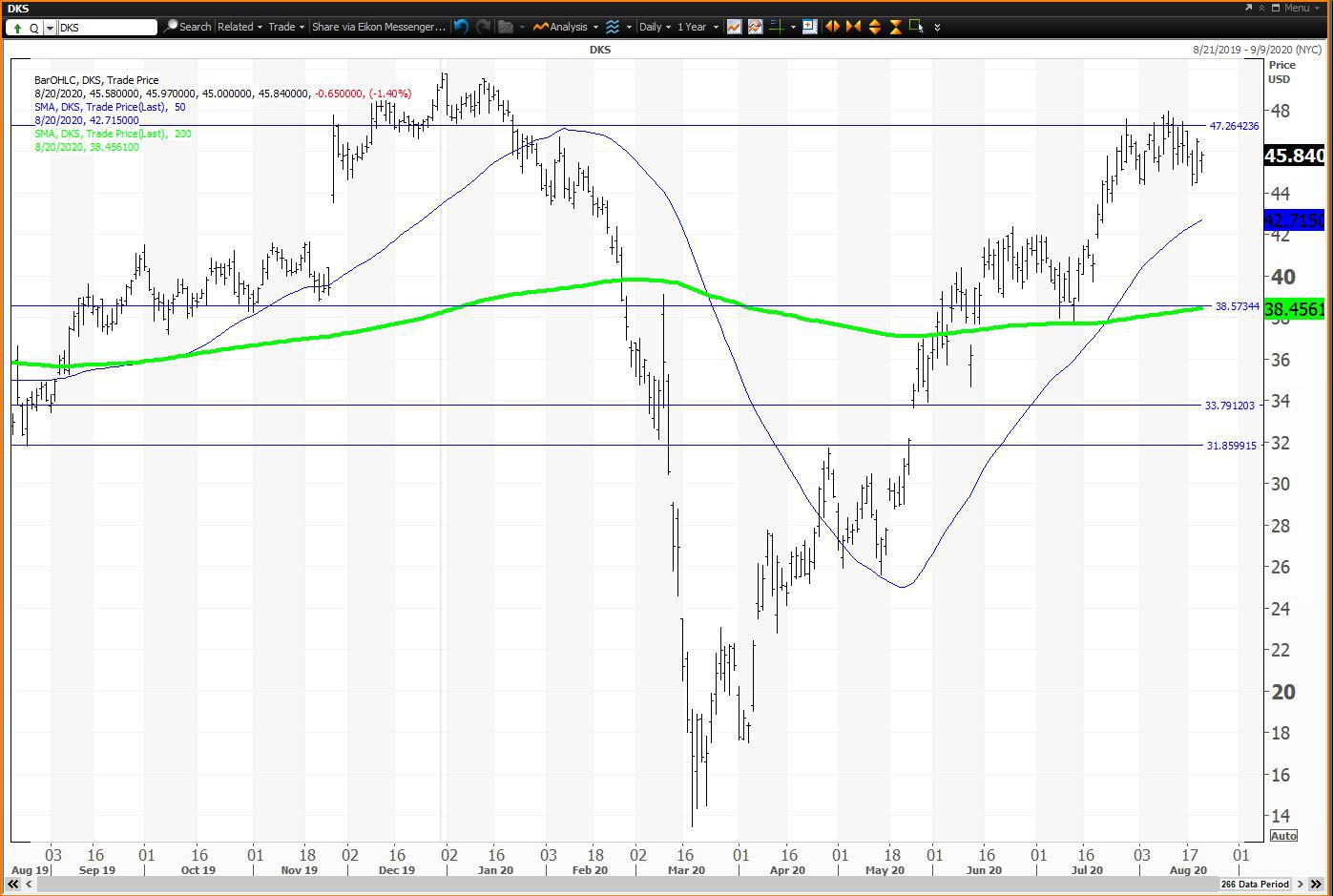 Daily chart showing the share price performance of Dick's Sporting Goods, Inc. (DKS)