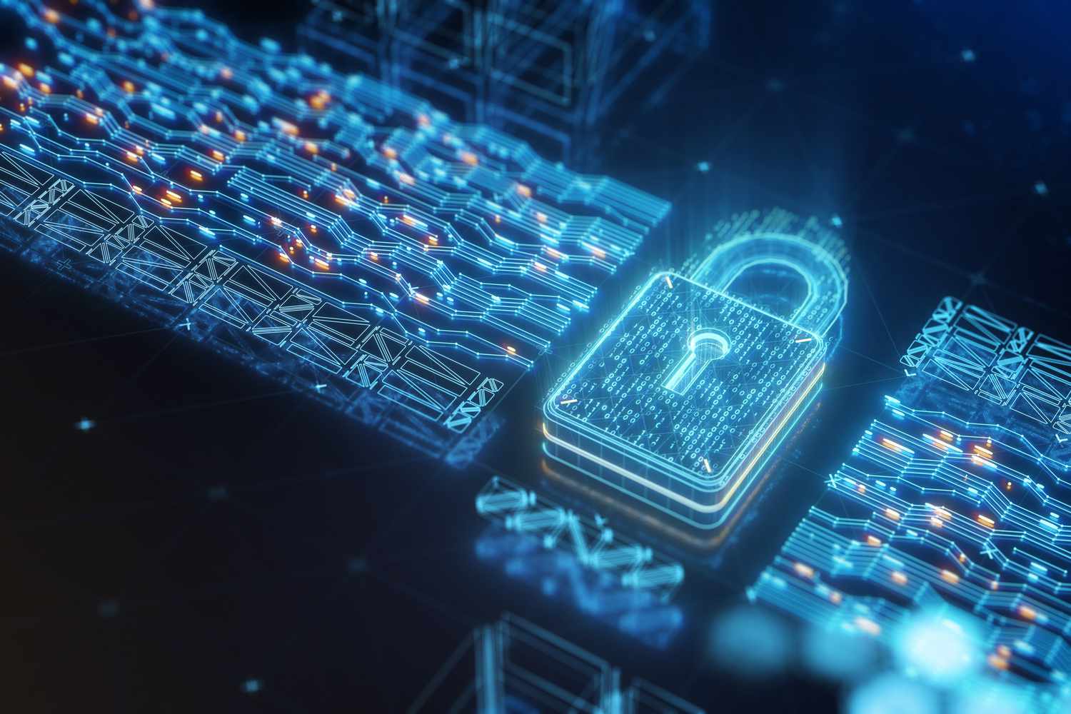 Digital security padlock with encrypted binary code on abstract circuit board