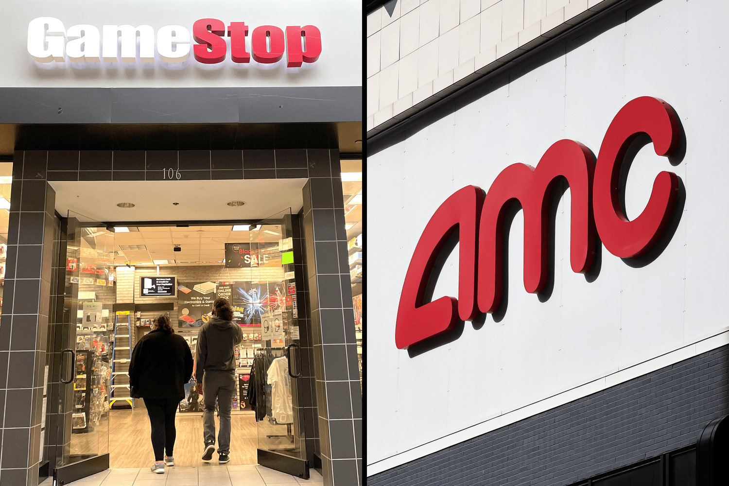 Photos of GameStop and AMC logos.